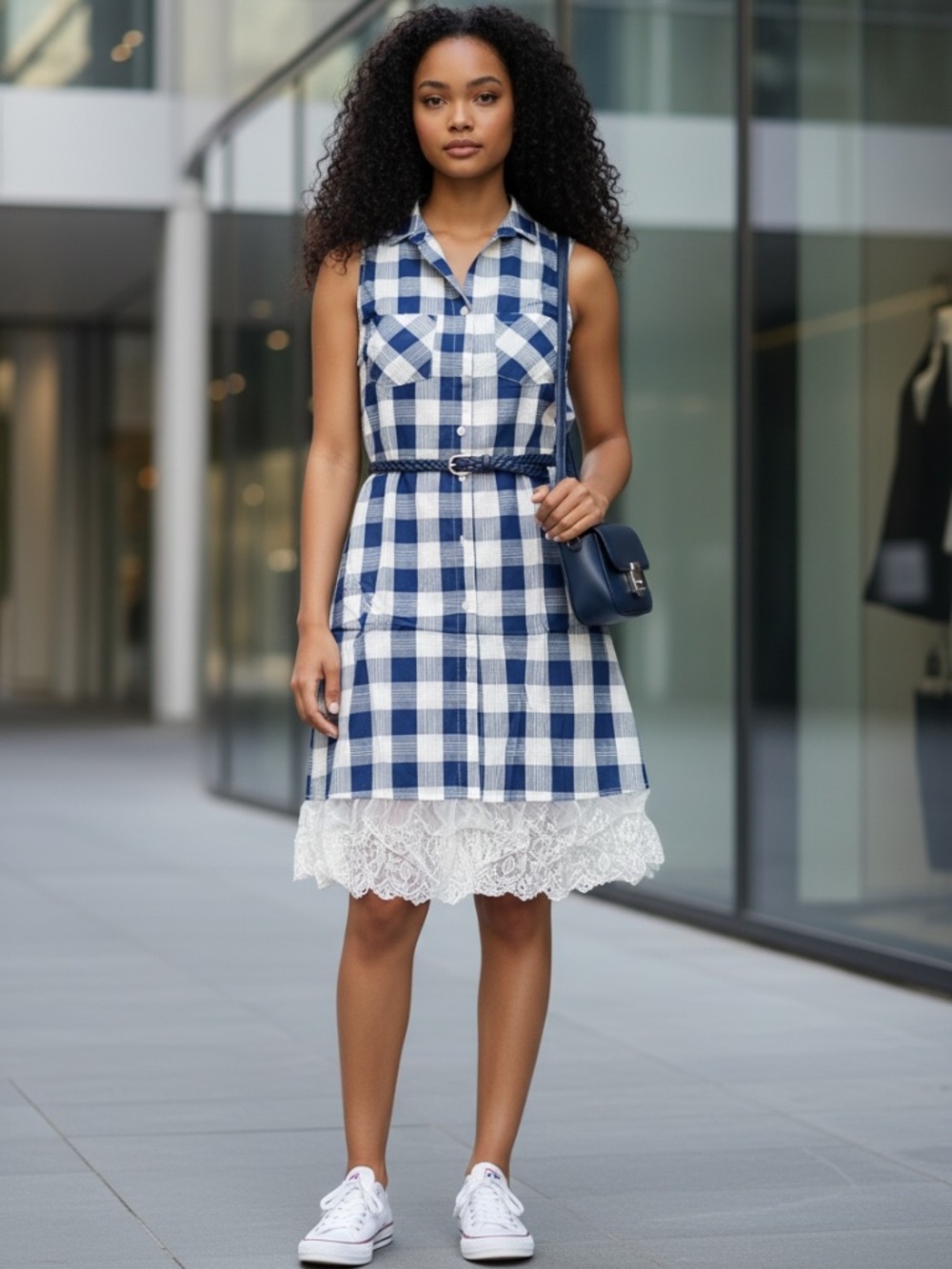 Vintage Gingham Lace-Hem Shirt Dress